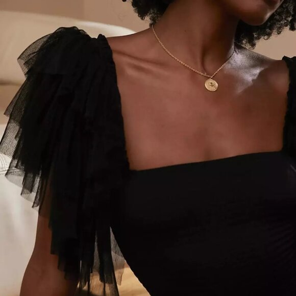 NWT Free People "Kill the Lights" Bodysuit Black Tulle Ruffle Sleeve Top Sm - Picture 4 of 13